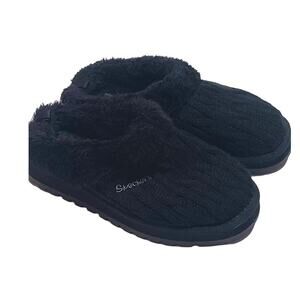 Skechers black slippers keepsake sweater knit faux fur mules women's size 6